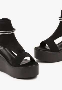 Czarne Sandały za Kostkę na Platformie z Koturnem Ozdobione Cyrkoniami Gavrela
