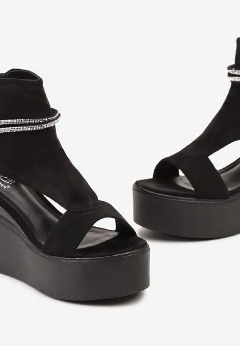 Czarne Sandały za Kostkę na Platformie z Koturnem Ozdobione Cyrkoniami Gavrela