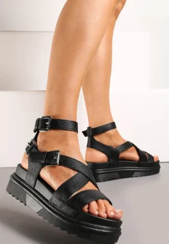 Czarne Sandały Zapinane wokół Kostki na Grubej Podeszwie Diunna