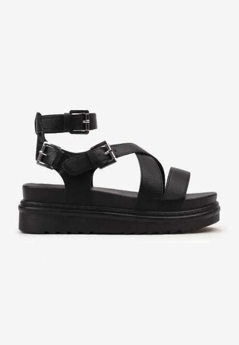 Czarne Sandały Zapinane wokół Kostki na Grubej Podeszwie Diunna