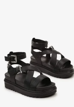 Czarne Sandały Zapinane wokół Kostki na Grubej Podeszwie Diunna