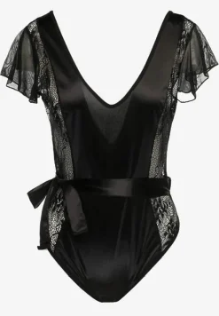 Czarne Satynowe Body z Koronką i Paskiem w Talii Lierie