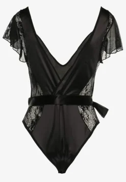 Czarne Satynowe Body z Koronką i Paskiem w Talii Lierie