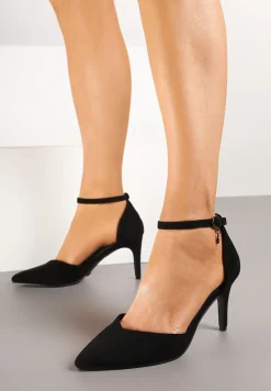 Czarne Szpilki Vices z Wkładką ze Skóry Naturalnej i Ozdobnym Paskiem Korori