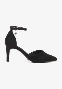 Czarne Szpilki Vices z Wkładką ze Skóry Naturalnej i Ozdobnym Paskiem Korori