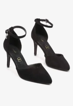 Czarne Szpilki Vices z Wkładką ze Skóry Naturalnej i Ozdobnym Paskiem Korori