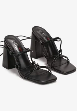 Czarne Wiązane Sandały na Słupku z Kwadratowym Noskiem Eaula