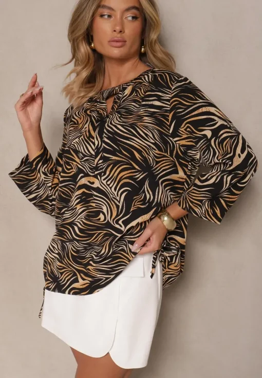 Czarno-Beżowa Bluzka z Bawełną z Abstrakcyjnym Motywem Lumenirae