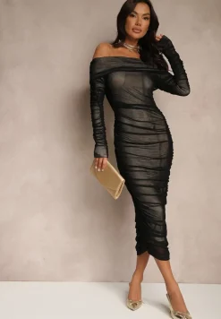 Czarno-Beżowa Siateczkowa Sukienka z Marszczeniami i Odkrytymi Ramionami z Wywiniętym Dekoltem Tinareta