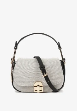 Czarno-Beżowa Torebka z Bawełną w Stylu Listonoszki z Ozdobną Klapą Lenivan