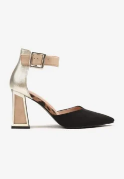 Czarno-Beżowe Czółenka na Stożku Ozdobione Paskiem Wokół Kostki i Metaliczną Aplikacją Tiliri