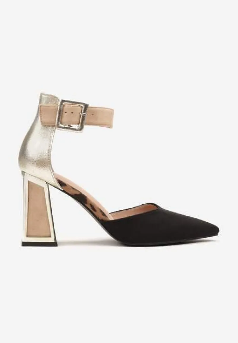 Czarno-Beżowe Czółenka na Stożku Ozdobione Paskiem Wokół Kostki i Metaliczną Aplikacją Tiliri