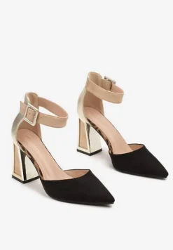 Czarno-Beżowe Czółenka na Stożku Ozdobione Paskiem Wokół Kostki i Metaliczną Aplikacją Tiliri