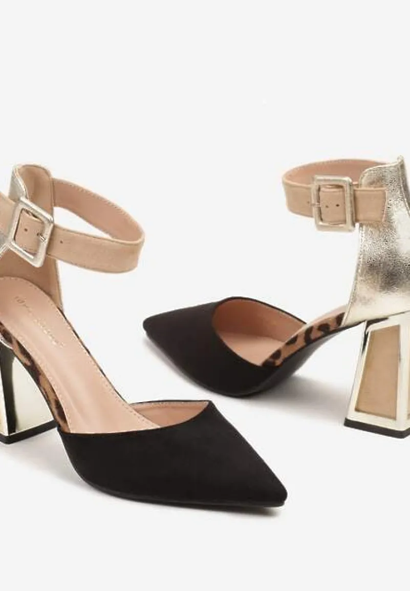 Czarno-Beżowe Czółenka na Stożku Ozdobione Paskiem Wokół Kostki i Metaliczną Aplikacją Tiliri