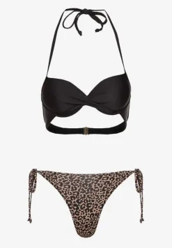 Czarno-Beżowe Wiązane Bikini Biustonosz Halter i Majtki Figi Savadine