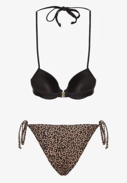 Czarno-Beżowe Wiązane Bikini Biustonosz Halter i Majtki Figi Savadine
