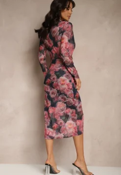 Czarno-Czerwona Kopertowa Sukienka z Siateczki z Wiskozą Zdobiona Marszczeniem Varseli