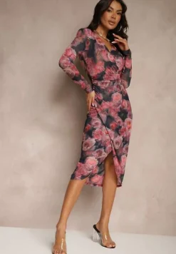 Czarno-Czerwona Kopertowa Sukienka z Siateczki z Wiskozą Zdobiona Marszczeniem Varseli