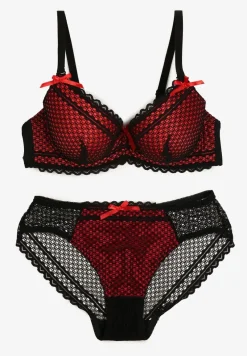 Czarno-Czerwony Komplet z Koronki Regulowany Biustonosz Full Cup oraz Majtki Figi Irialynne