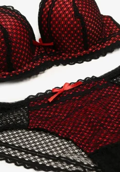 Czarno-Czerwony Komplet z Koronki Regulowany Biustonosz Full Cup oraz Majtki Figi Irialynne