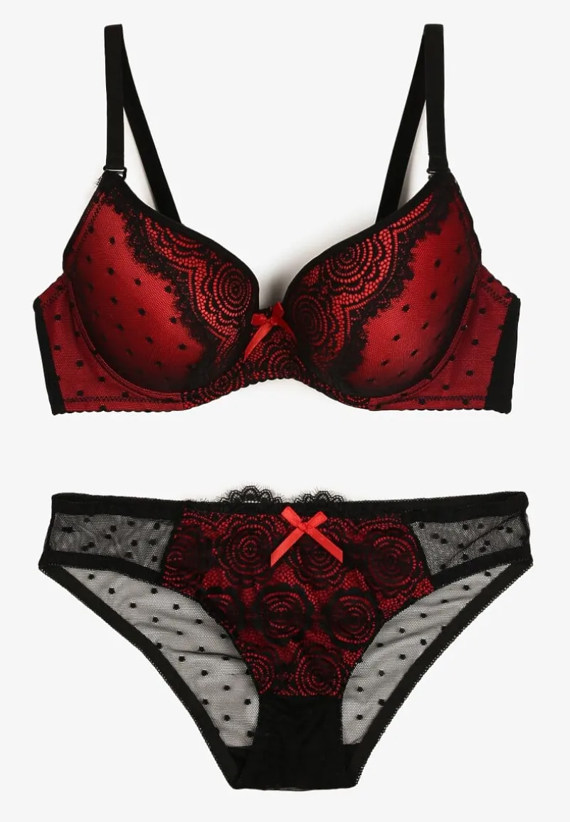 Czarno-Czerwony Komplet z Koronką Figi i Usztywniany Biustonosz z Kokardami Iridorea