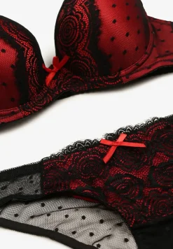 Czarno-Czerwony Komplet z Koronką Figi i Usztywniany Biustonosz z Kokardami Iridorea