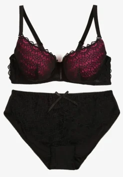 Czarno-Fuksjowy Komplet Bielizny Koronkowej Klasyczny Biustonosz i Figi z Wysokim Stanem Nasellea