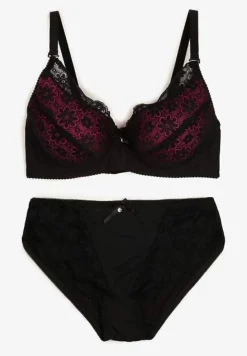 Czarno-Fuksjowy Komplet z Koronki Figi i Usztywniany Biustonosz Nevenis