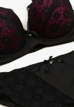 Czarno-Fuksjowy Komplet z Koronki Figi i Usztywniany Biustonosz Nevenis