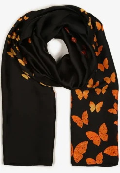 Czarno-Pomarańczowy Szalik Ozdobiony Motylami Sialitea