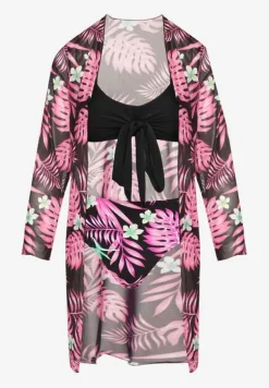 Czarno-Różowe Bikini Biustonosz z Wiązaniem i Figi z Dodatkową Siateczkową Narzutką Zarionea