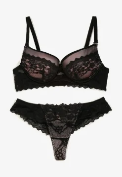 Czarno-Różowy Koronkowy Komplet Bielizny Biustonosz Usztywniony Push Up i Stringi Jasminesa