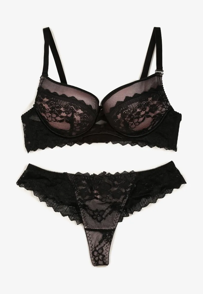 Czarno-Różowy Koronkowy Komplet Bielizny Biustonosz Usztywniony Push Up i Stringi Jasminesa