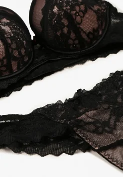 Czarno-Różowy Koronkowy Komplet Bielizny Biustonosz Usztywniony Push Up i Stringi Jasminesa