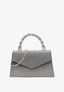 Czarno-Srebrna Torebka Kopertówka z Łańcuszkiem i Ozdobną Rączką z Cyrkoniami Zapinana na Magnes Jenatia