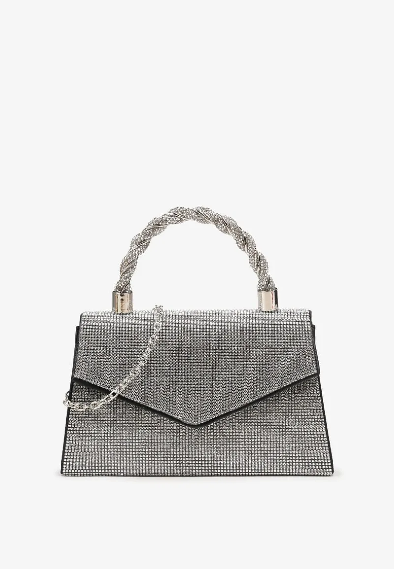 Czarno-Srebrna Torebka Kopertówka z Łańcuszkiem i Ozdobną Rączką z Cyrkoniami Zapinana na Magnes Jenatia