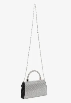 Czarno-Srebrna Torebka Kopertówka z Łańcuszkiem i Ozdobną Rączką z Cyrkoniami Zapinana na Magnes Jenatia