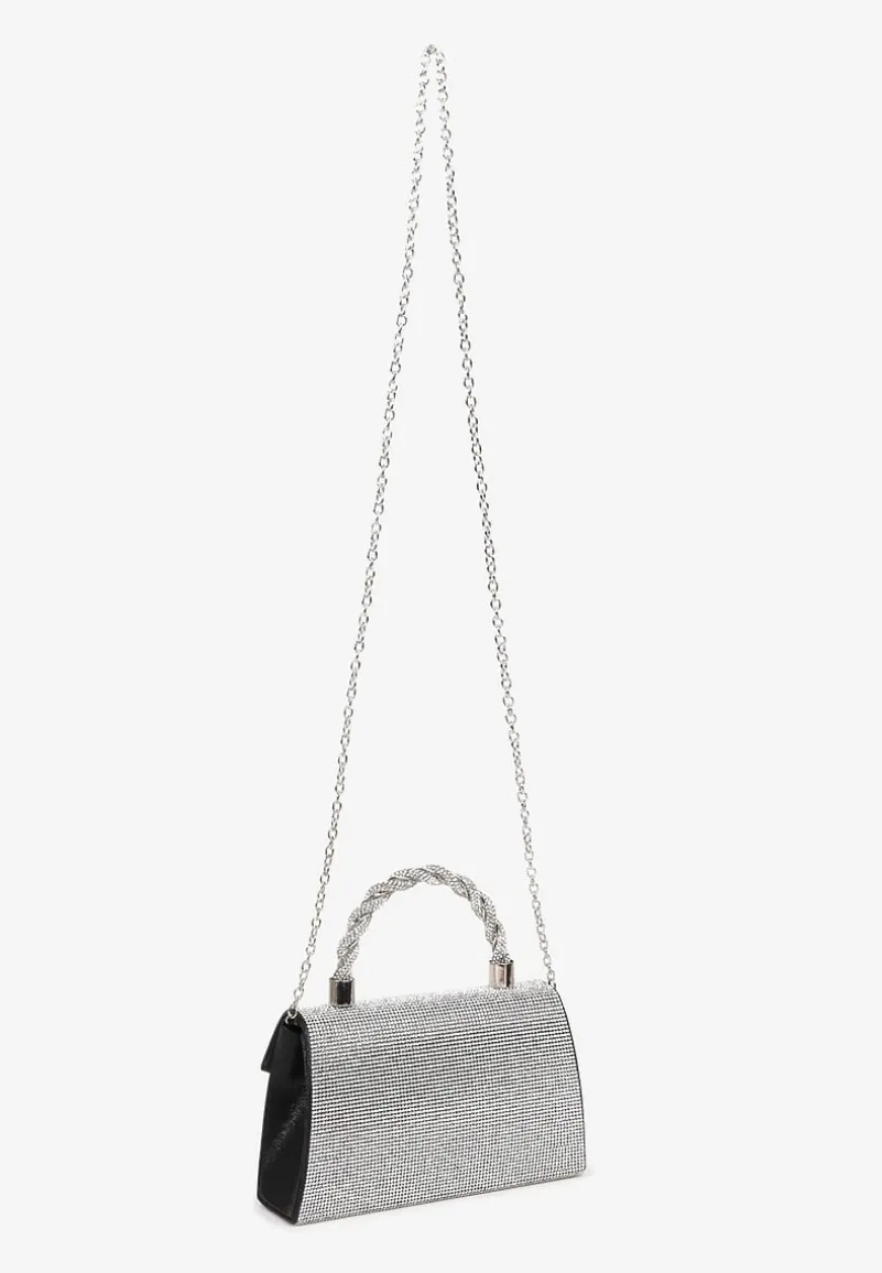 Czarno-Srebrna Torebka Kopertówka z Łańcuszkiem i Ozdobną Rączką z Cyrkoniami Zapinana na Magnes Jenatia