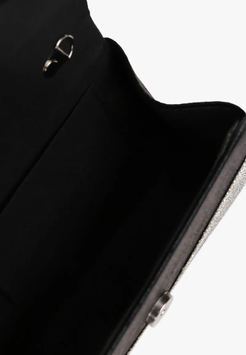 Czarno-Srebrna Torebka Kopertówka z Łańcuszkiem i Ozdobną Rączką z Cyrkoniami Zapinana na Magnes Jenatia