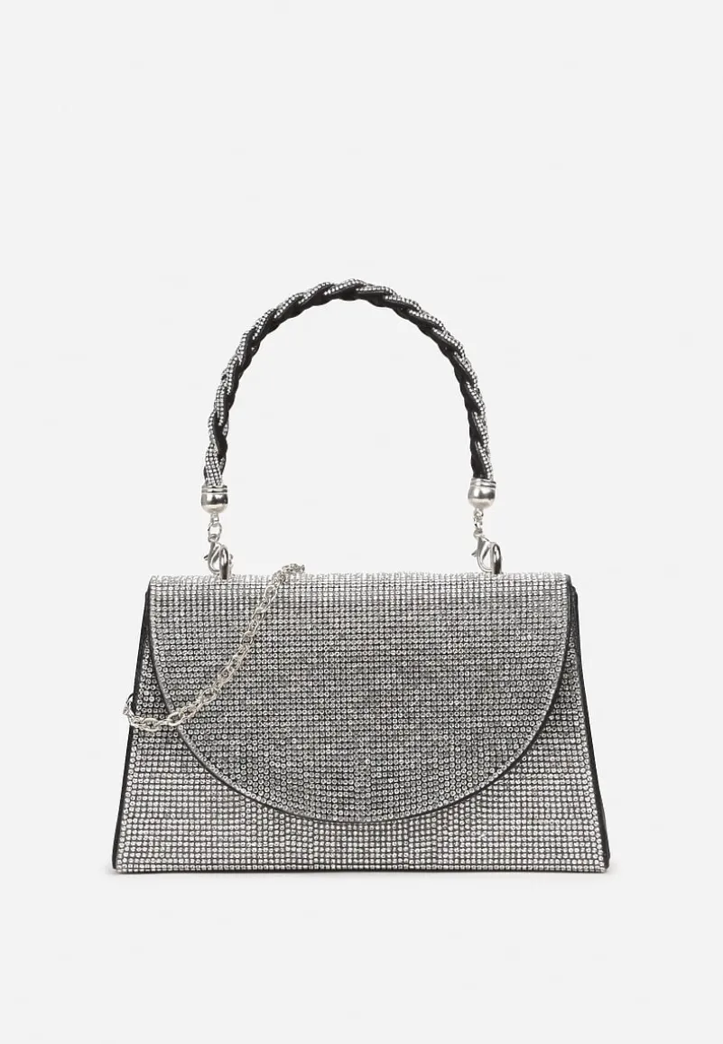 Czarno-Srebrna Torebka na Ramię z Długim Paskiem i Rączką Ozdobiona Cyrkoniami Zalagia