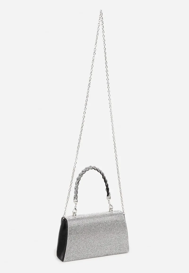 Czarno-Srebrna Torebka na Ramię z Długim Paskiem i Rączką Ozdobiona Cyrkoniami Zalagia