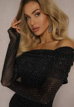 Czarno-Srebrna Wieczorowa Sukienka Siateczkowa Ozdobiona Cyrkoniami Emitrissa