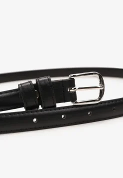 Czarno-Srebrny Cienki Pasek z Imitacji Skóry ze Sprzączką Delisia