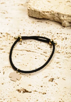 Czarno-Złota Bransoletka Sznureczek Ozdobiona Koniczynką Calazi