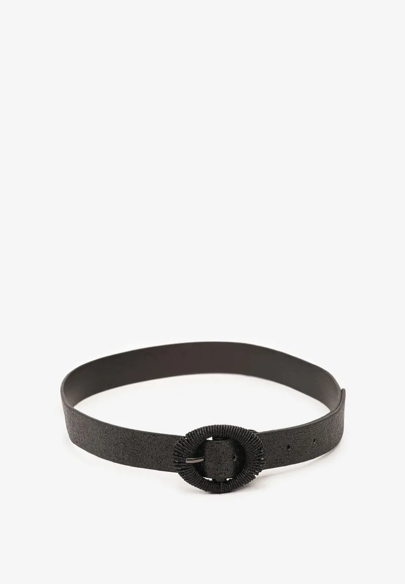 Czarny Brokatowy Pasek z Geometryczną Klamrą Senirae