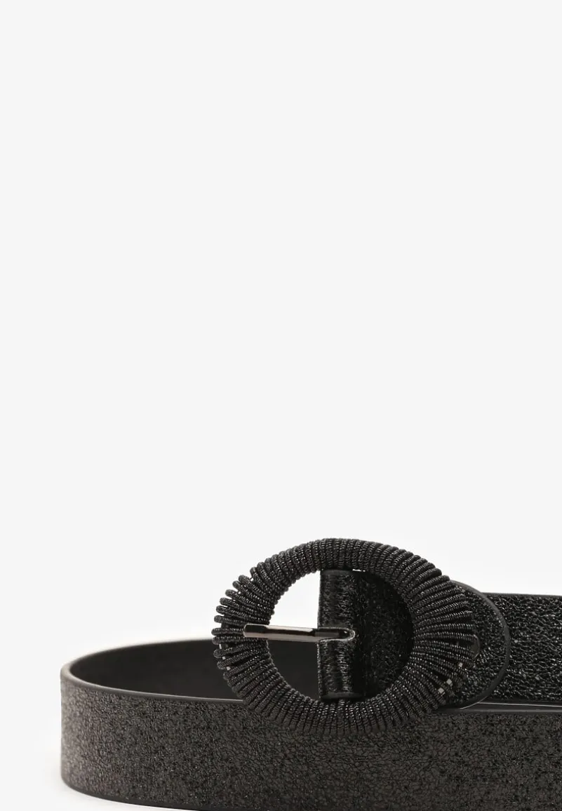 Czarny Brokatowy Pasek z Geometryczną Klamrą Senirae