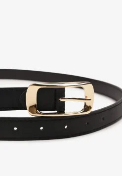 Czarny Cienki Pasek z Imitacji Skóry z Metaliczną Klamrą Marioli