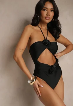 Czarny Jednoczęściowy Strój Kąpielowy z Ozdobnymi Wycięciami i Chokerem w Kształcie Róży Irisjoy