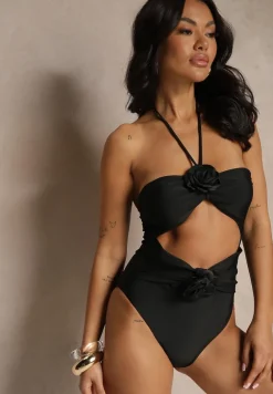 Czarny Jednoczęściowy Strój Kąpielowy z Ozdobnymi Wycięciami i Chokerem w Kształcie Róży Irisjoy