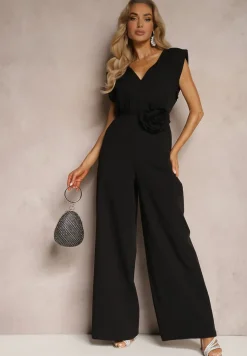 Czarny Kombinezon Wykończony Prostymi Szerokimi Nogawkami z Wiskozą i Kwiatem 3D Dimentia